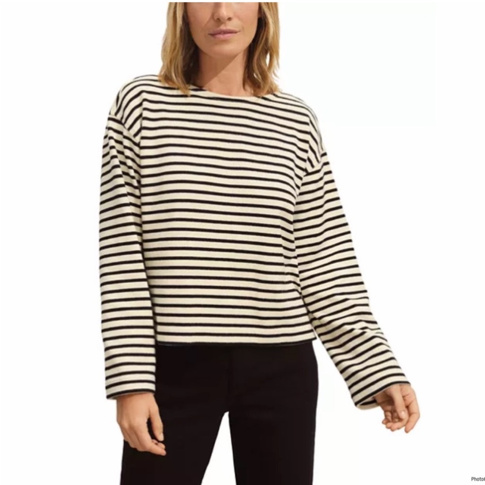 Buck Mason olive green and cream Striped Long Sleeve Top